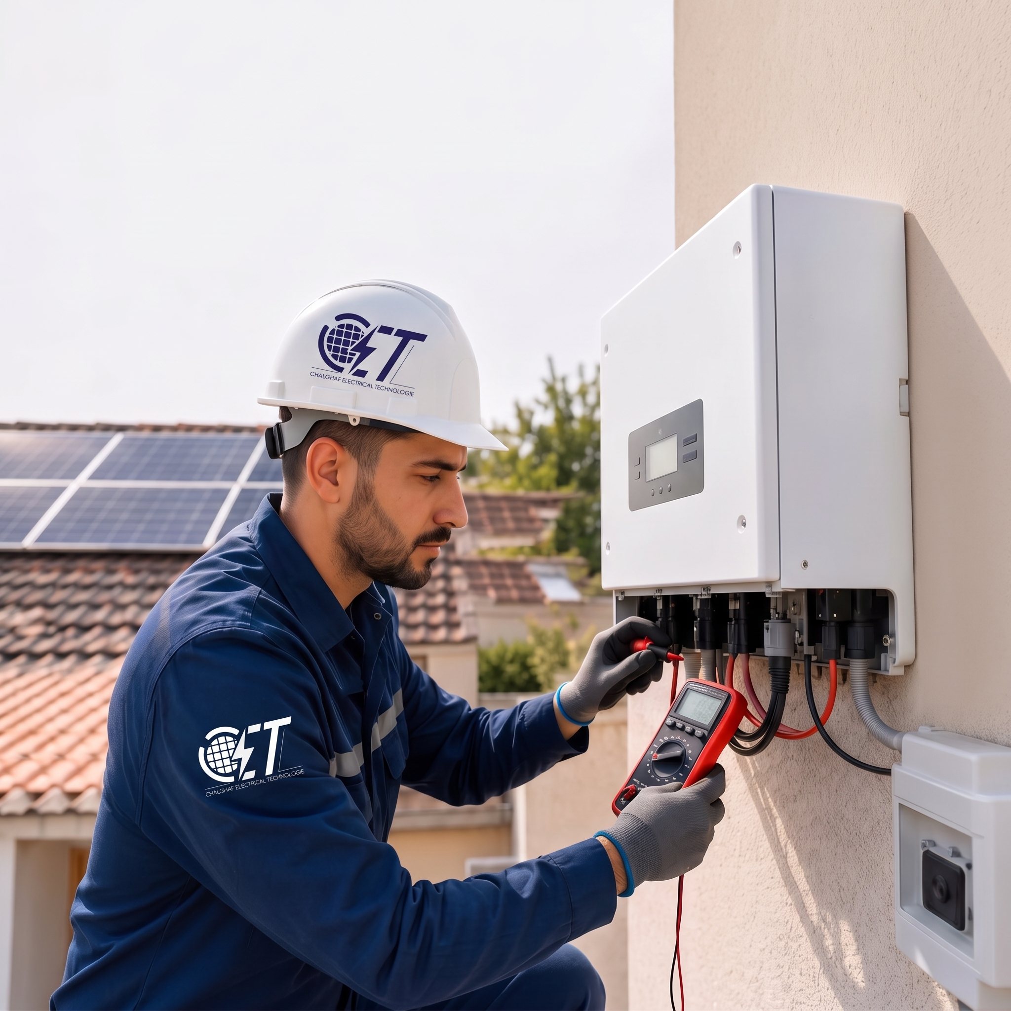 Technicien CET contr&ocirc;lant un onduleur