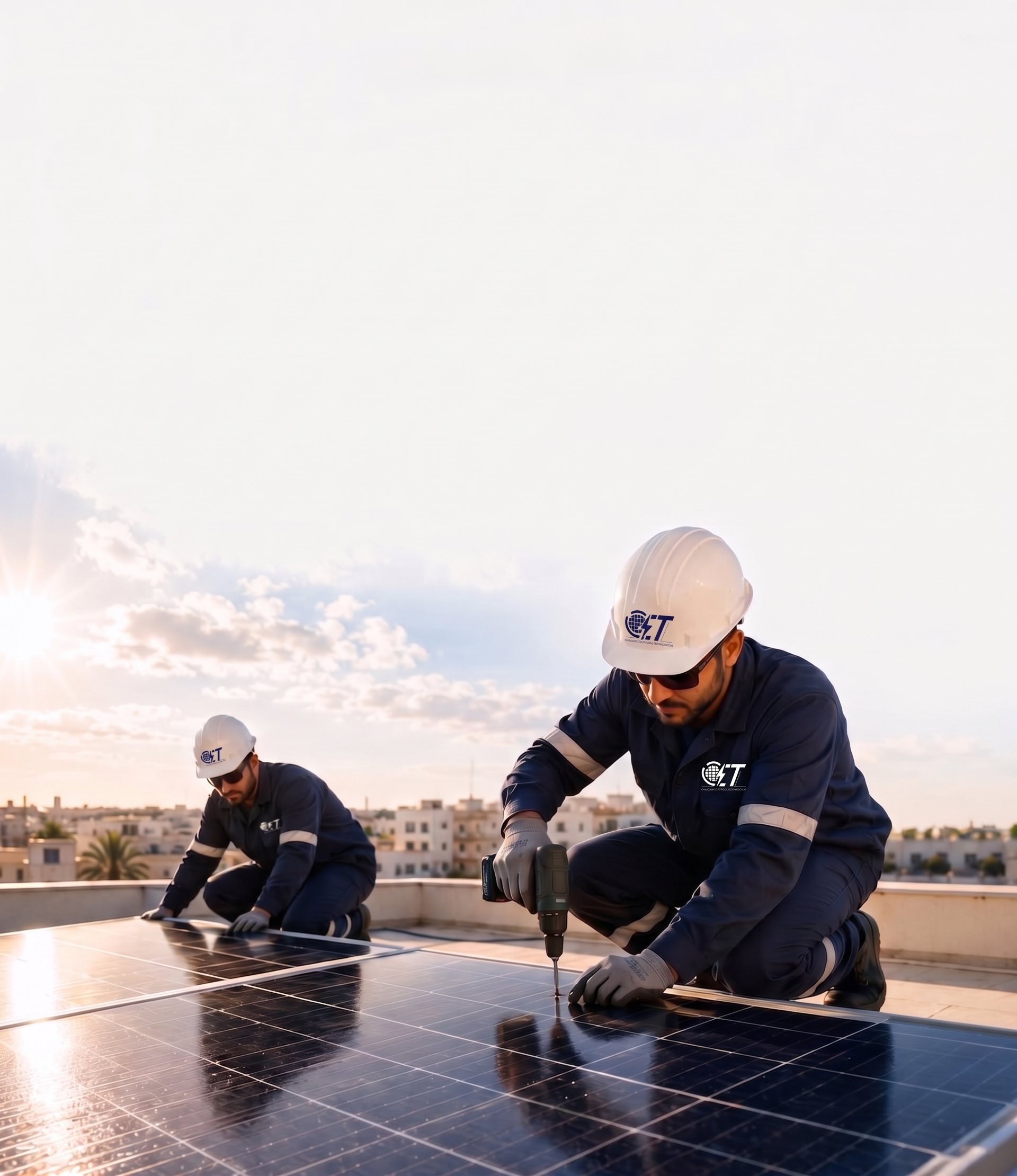 Techniciens CET posant des modules en toiture